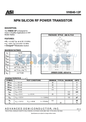 VHB40-12F datasheet - NPN SILICON RF POWER TRANSISTOR