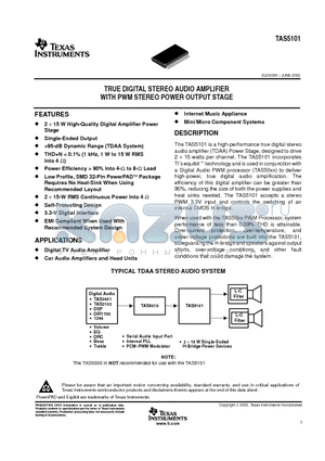 TAS5101DAP datasheet - TRUE DIGITAL STEREO AUDIO AMPLIFIER WITH PWM STEREO POWER OUTPUT STAGE