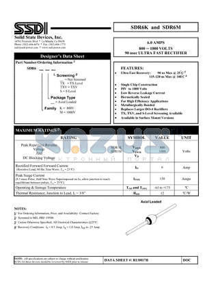SDR6K-S datasheet - 6.0 AMPS 800 - 1000 VOLTS 90 nsec ULTRA FAST RECTIFIER