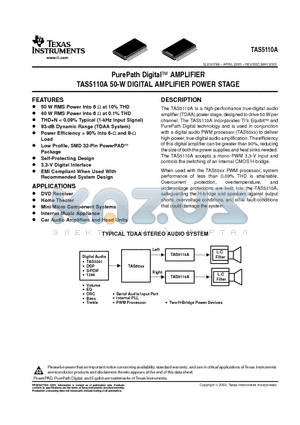 TAS5110ADADR datasheet - PurePath Digital AMPLIFIER TAS5110A 50-W DIGITAL AMPLIFIER POWER STAGE