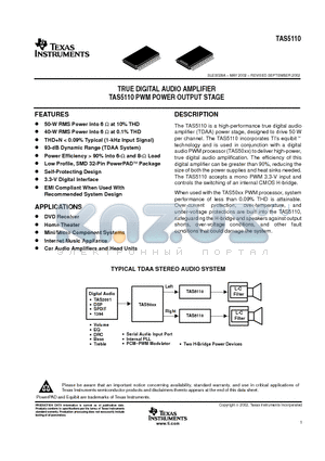 TAS5110 datasheet - TRUE DIGITAL AUDIO AMPLIFIER TAS5110 PWM POWER OUTPUT STAGE