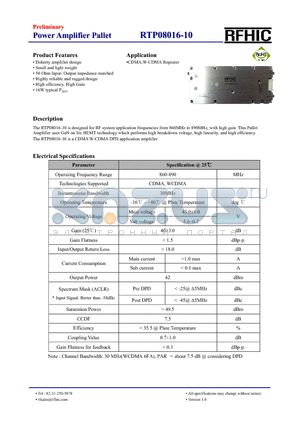 RTP08016-10 datasheet - The RTP08016-10 is designed for RF system application frequencies from 860MHz to 890MHz, with high gain.