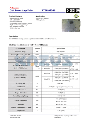 RTP08050-10 datasheet - This HPA Module is a high gain and Amplifier module for CDMA and LTE Repeater use.