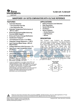 TLV3011-EP datasheet - NANOPOWER 1.8-V SOT23 COMPARATORS WITH VOLTAGE REFERENCE