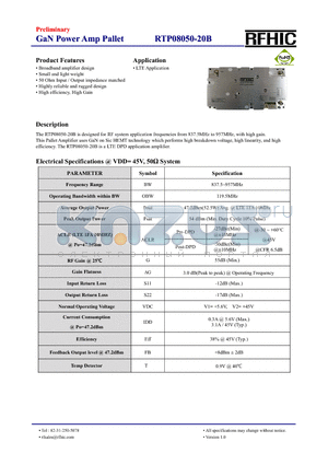 RTP08050-20B datasheet - The RTP08050-20B is designed for RF system application frequencies from 837.5MHz to 957MHz, with high gain.