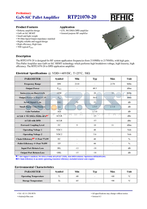 RTP21070-20 datasheet - The RTP21070-20 is designed for RF system application frequencies from 2110MHz to 2170MHz, with high gain.