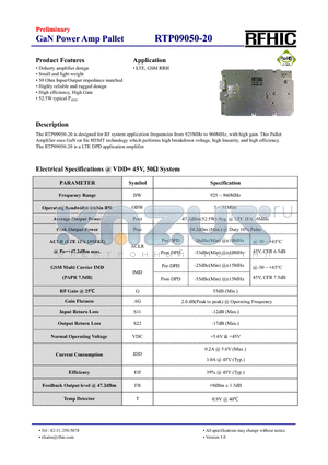 RTP09050-20 datasheet - The RTP09050-20 is designed for RF system application frequencies from 925MHz to 960MHz, with high gain.