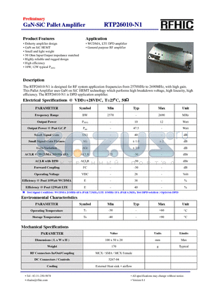 RTP26010-N1 datasheet - The RTP26010-N1 is designed for RF system application frequencies from 2570MHz to 2690MHz, with high gain.