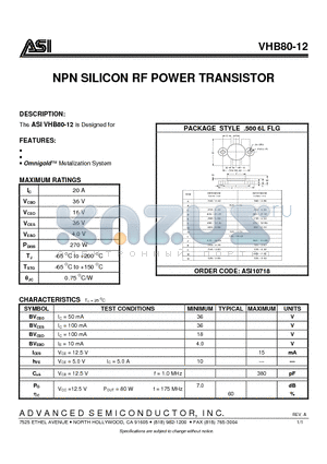 VHB80-12 datasheet - NPN SILICON RF POWER TRANSISTOR
