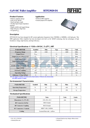 RTP23020-D1 datasheet - RTP23020-D1 has been designed for RF system application frequencies from 2300MHz to 2400MHz, with high gain.