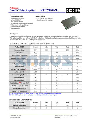 RTP23070-20 datasheet - The RTP23070-20 is designed for RF system application frequencies from 2300MHz to 2400MHz, with high gain.