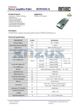 RTP21010-11 datasheet - This HPA Module is a high gain and compact amplifier module for WCDMA and LTE Repeater use.