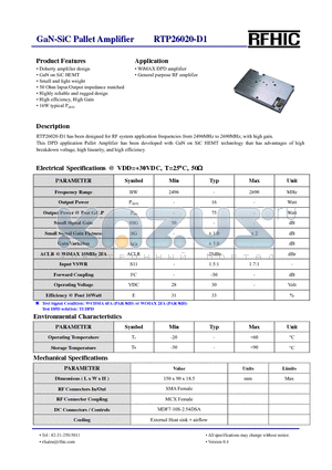 RTP26020-D1 datasheet - RTP26020-D1 has been designed for RF system application frequencies from 2496MHz to 2690MHz, with high gain.