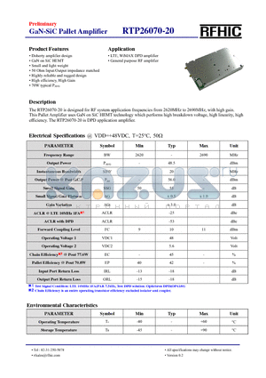 RTP26070-20 datasheet - The RTP26070-20 is designed for RF system application frequencies from 2620MHz to 2690MHz, with high gain.