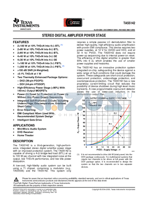 TAS5142DDVG4 datasheet - STEREO DIGITAL AMPLIFIER POWER STAGE