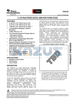 TAS5162DDV datasheet - 2 x 210 Watt STEREO DIGITAL AMPLIFIER POWER STAGE