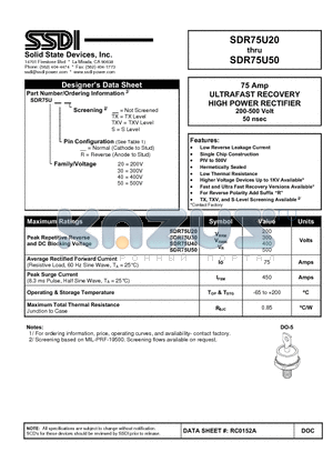 SDR75U20 datasheet - ULTRAFAST RECOVERY HIGH POWER RECTIFIER