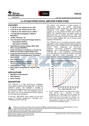 TAS5162DKDR datasheet - 2 x 210 Watt STEREO DIGITAL AMPLIFIER POWER STAGE