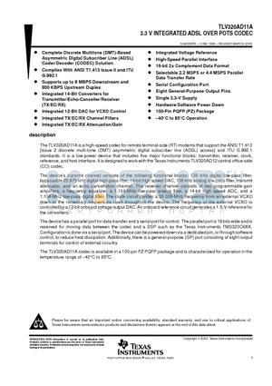 TLV320AD11APZ datasheet - 3.3 V INTEGRATED ADSL OVER POTS CODEC