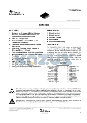 TLV320AIC1106PW datasheet - PCM CODEC