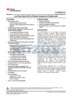 TLV320ADC3101 datasheet - Low Power Stereo ADC for Wireless Handsets and Portable Audio