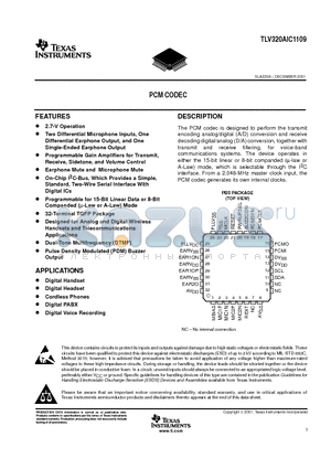 TLV320AIC1109 datasheet - PCM CODEC