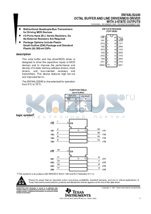 SN74ALS2240 datasheet - OCTAL BUFFER AND LINE DRIVER/MOS DRIVER WITH 3-STATE OUTPUTS