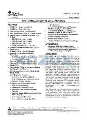 TAS5414ATDKDRMQ1G4 datasheet - FOUR-CHANNEL AUTOMOTIVE DIGITAL AMPLIFIERS