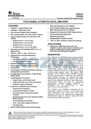 TAS5414TDKDMQ1 datasheet - FOUR-CHANNEL AUTOMOTIVE DIGITAL AMPLIFIERS