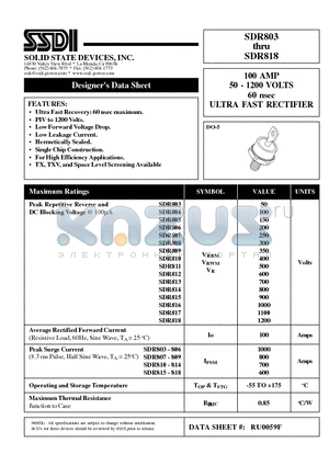 SDR813 datasheet - 100 AMP 50 - 1200 VOLTS 60 nsec ULTRA FAST RECTIFIER