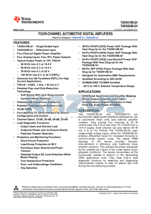 TAS5414BTPHDRQ1 datasheet - FOUR-CHANNEL AUTOMOTIVE DIGITAL AMPLIFIERS