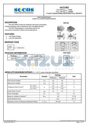 SST3585_12 datasheet - 3.5A, 20V, RDS(ON) 75m -2.5A, -20V, RDS(ON) 160m N And P-Channel Enhancement Mode Power MOSFET