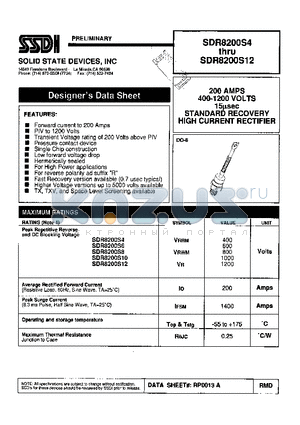 SDR8200S8 datasheet - 200 AMPS 400 - 1200 VOLTS 15 usec STANDARD RECOVERY HIGH CURRENT RECTIFIER