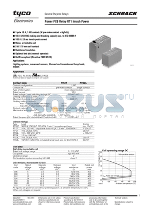 RTS3LA24 datasheet - Power PCB Relay RT1 Inrush Power