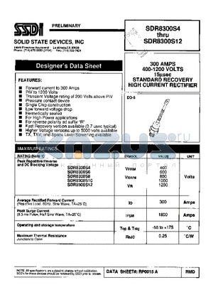 SDR8300S4 datasheet - 300 AMPS 400 - 1200 VOLTS 15 usec STANDARD RECOVERY HIGH CURRENT RECTIFIER