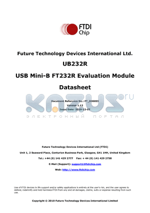 UB232R datasheet - USB Mini-B FT232R Evaluation Module