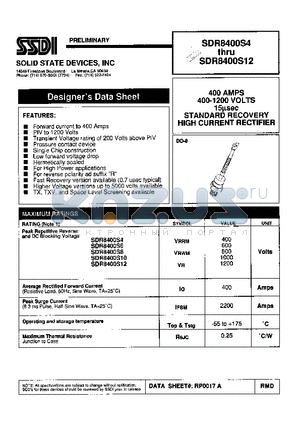 SDR8400S4 datasheet - 400 AMPS 400 - 1200 VOLTS 15 usec STANDARD RECOVERY HIGH CURRENT RECTIFIER