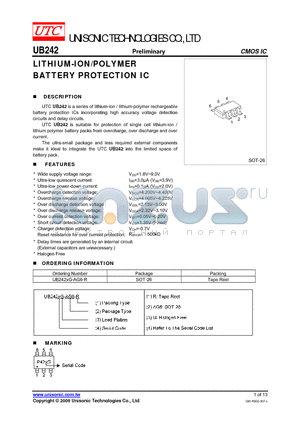 UB242XG-AG6-R datasheet - LITHIUM-ION/POLYMER BATTERY PROTECTION IC