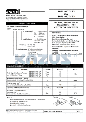 SDR9103CTN datasheet - HYPER FAST CENTERTAP RECTIFIER