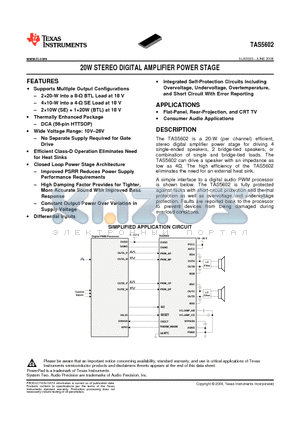 TAS5602DCARG4 datasheet - 20W STEREO DIGITAL AMPLIFIER POWER STAGE