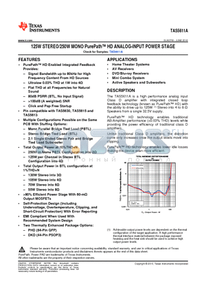 TAS5611APHD datasheet - 125W STEREO/250W MONO PurePath HD ANALOG-INPUT POWER STAGE