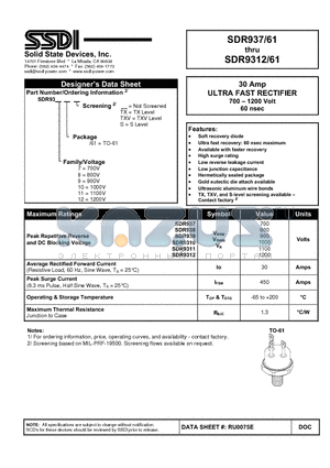 SDR9311 datasheet - 30 Amp ULTRA FAST RECTIFIER  700 - 1200 Volt 60 nsec