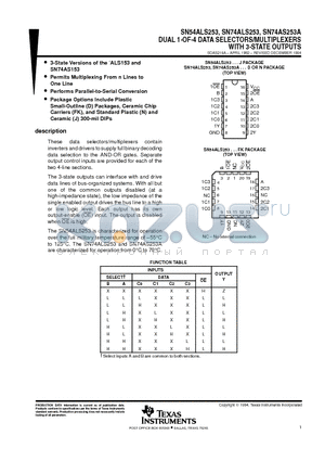 SN74ALS253N datasheet - DUAL 1-OF-4 DATA SELECTORS/MULTIPLEXERS WITH 3-STATE OUTPUTS