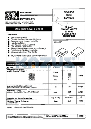SDR936 datasheet - 30 AMP 600-900 VOLTS  80 nsec ULTRA FAST RECTIFIER