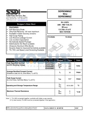 SDR936Z datasheet - 30 AMPS 600 - 900 VOLTS 80 nsec ULTRA FAST RECTIFIER