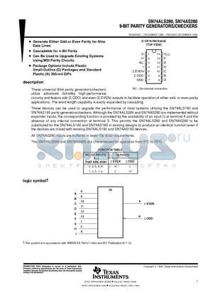 SN74ALS280DE4 datasheet - 9-BIT PARITY GENERATORS/CHECKETS