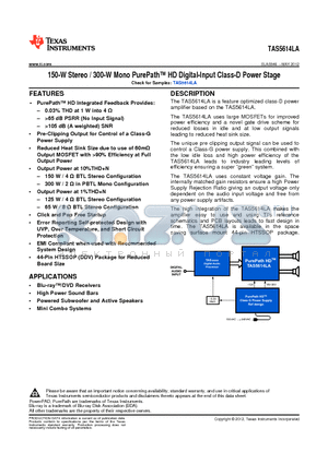 TAS5614LADDVR datasheet - 150-W Stereo / 300-W Mono PurePath HD Digital-Input Class-D Power Stage