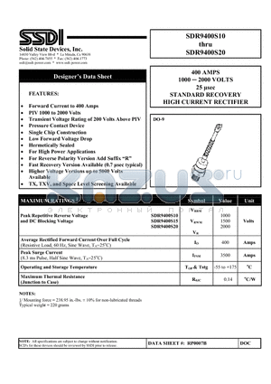 SDR9400S20 datasheet - 400 AMPS 1000  2000 VOLTS 25 lsec STANDARD RECOVERY HIGH CURRENT RECTIFIER