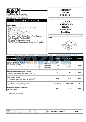 SDR950S1 datasheet - 60 AMP 100-200 Volts 35nsec Hyper Fast Rectifier