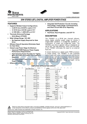 TAS5601 datasheet - 20W STEREO (BTL) DIGITAL AMPLIFIER POWER STAGE